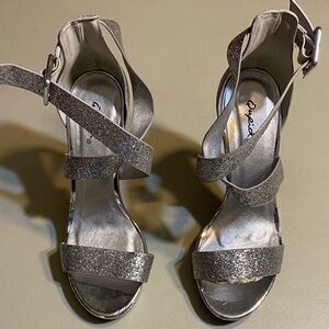 Qupid Silver Glitter Strappy Ankle Buckle Heels